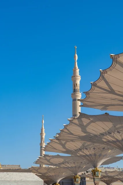 Prophet's Mosque Medina Courtyard Umbrellas and Minarets