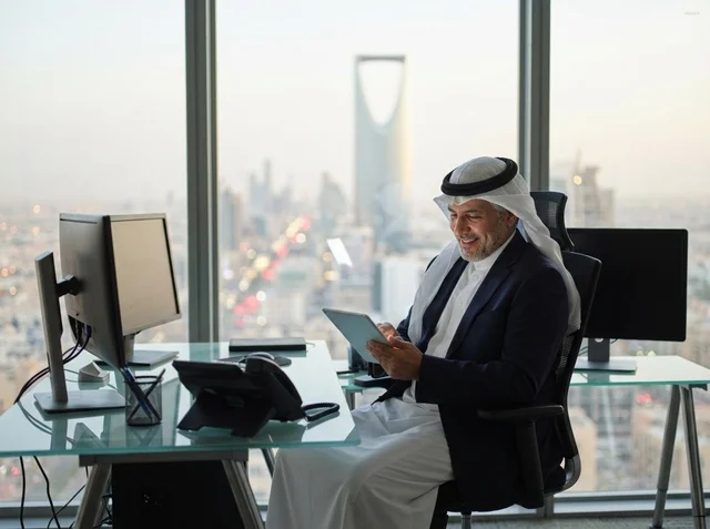 Saudi Businessman in Riyadh Office with Skyline View