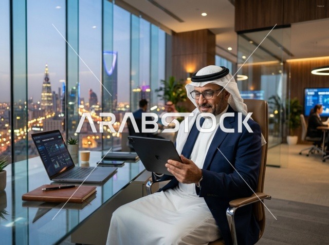 رجل أعمال سعودي في مكتب بالرياض يطل على برج المملكة