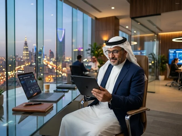 رجل أعمال سعودي في مكتب بالرياض يطل على برج المملكة