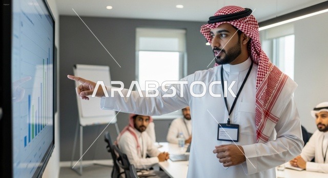 مدير سعودي يقدم عرضاً لمؤشرات الأداء في قاعة اجتماعات