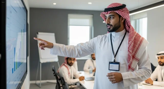 مدير سعودي يقدم عرضاً لمؤشرات الأداء في قاعة اجتماعات