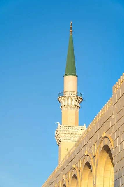 Minaret of Prophet's Mosque in Medina under Blue Sky