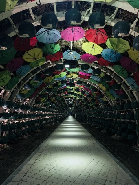 نفق المظلات الملونة في قطر خلال الليل