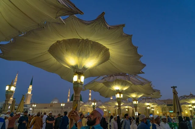 Al-Masjid an-Nabawi Medina Umbrellas at Dusk