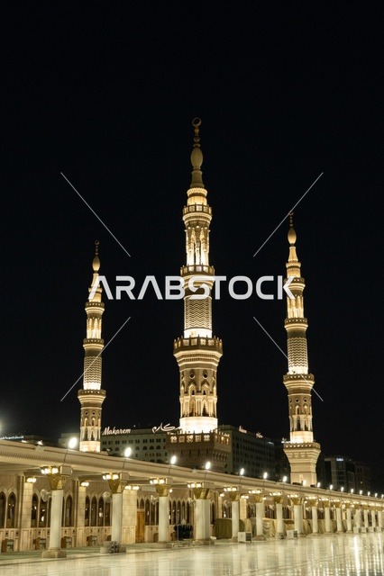 Prophet's Mosque Minarets Medina Saudi Arabia Night