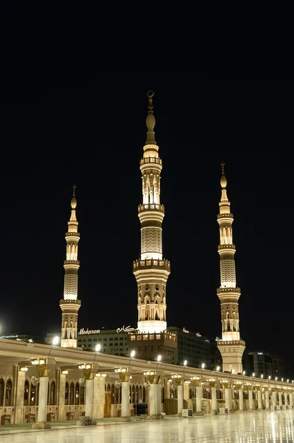Prophet's Mosque Minarets Medina Saudi Arabia Night