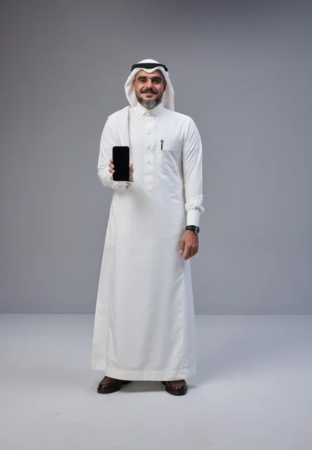 Saudi Man in Traditional Thobe Holding Blank Smartphone