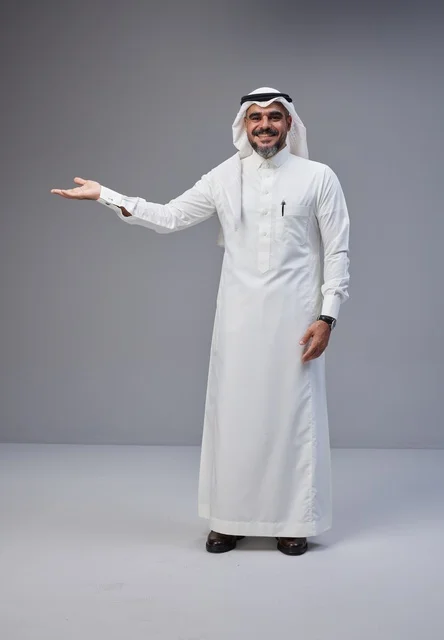 Saudi Man in Traditional Thobe with Welcoming Gesture