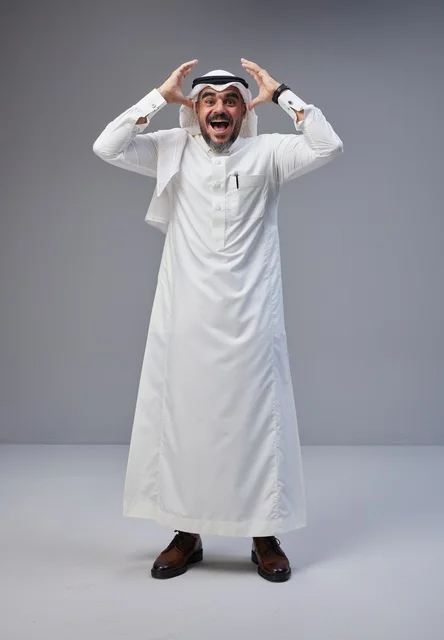 Surprised Saudi Man in Traditional White Thobe