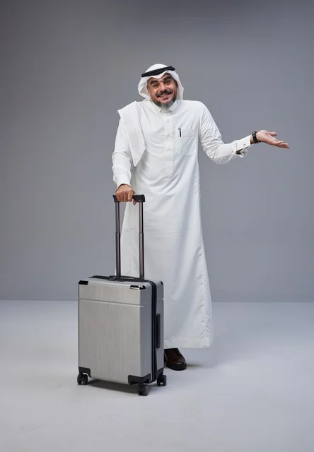 رجل سعودي بالزي التقليدي مع حقيبة سفر في الاستوديو