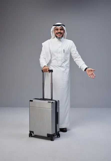 Saudi Man in Traditional Thobe with Travel Suitcase