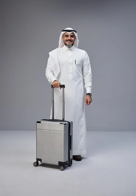Saudi Man in Traditional Thobe with Silver Suitcase