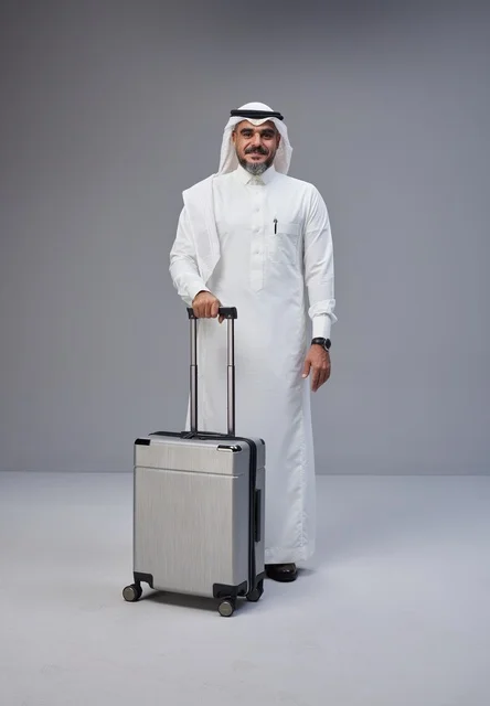 Saudi Man in Traditional Dress with Silver Suitcase