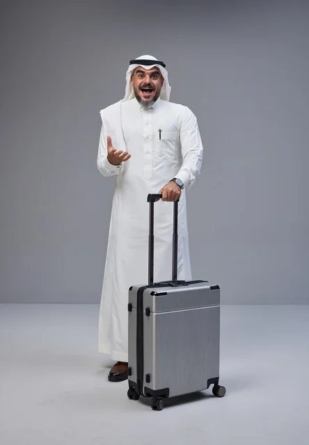 Saudi Man with Suitcase and Surprised Expression