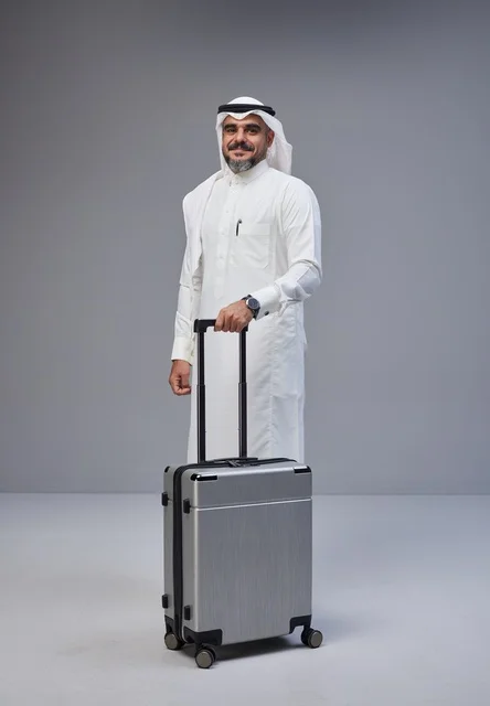 Saudi Man in Traditional Thobe with Travel Suitcase