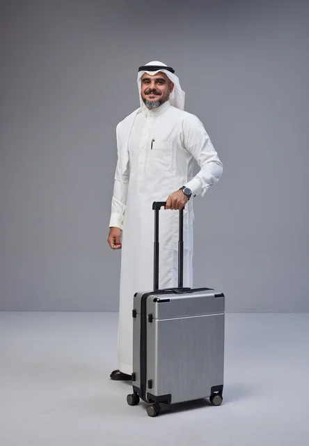 Saudi Man in Traditional Thobe with Travel Suitcase
