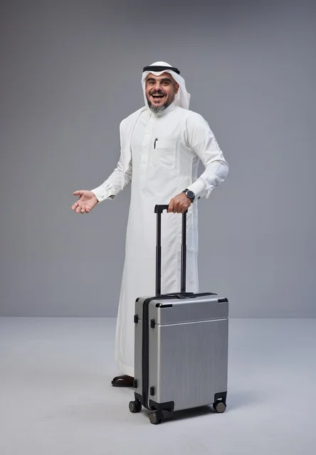 رجل سعودي بالزي التقليدي مع حقيبة سفر في الاستوديو