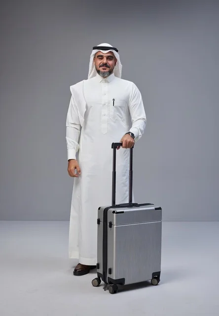Saudi Man in Traditional Dress with Silver Suitcase