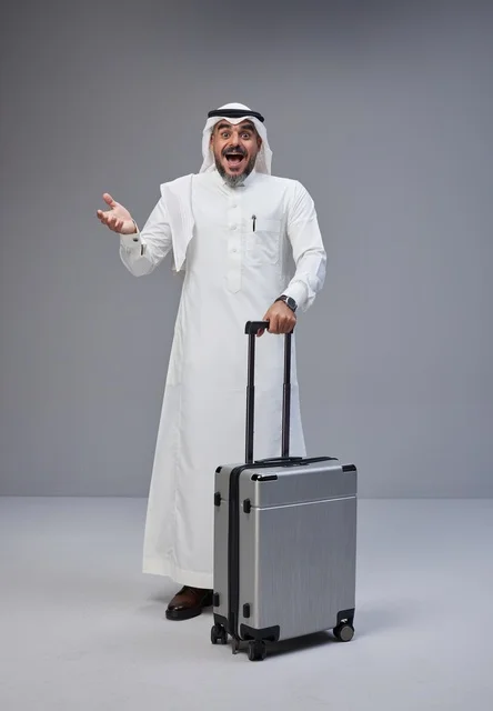 رجل سعودي مع حقيبة سفر بتعبير مندهش في الاستوديو