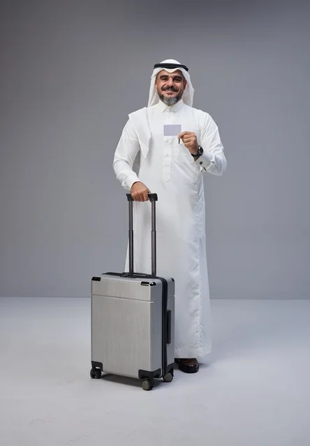 Saudi Man with Travel Suitcase and Blank Card