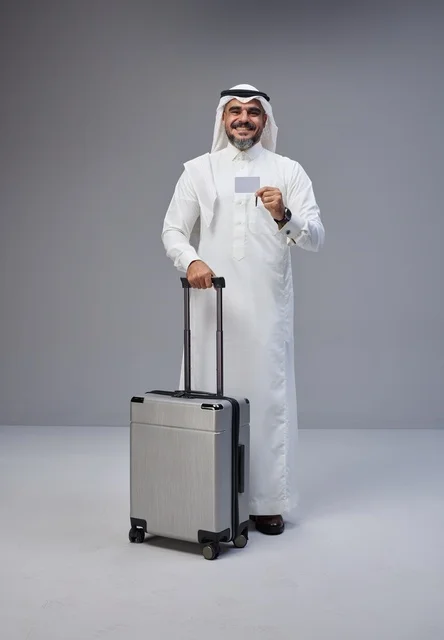رجل سعودي مع حقيبة سفر وبطاقة على خلفية رمادية