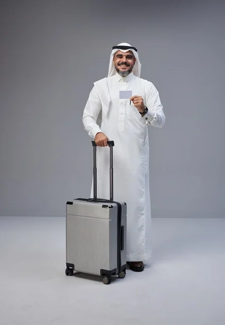 رجل سعودي مع حقيبة سفر يحمل بطاقة