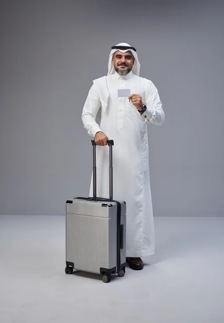 Saudi Man with Travel Suitcase and Credit Card