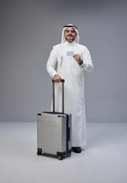 رجل سعودي مع حقيبة سفر وبطاقة بنكية للسياحة والسفر