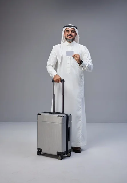 Saudi Man with Suitcase and Card in Studio