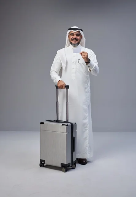 Saudi Man with Suitcase Holding Card for Travel