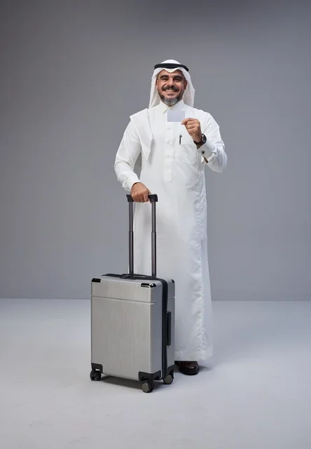 Saudi Man in Traditional Dress with Suitcase and Card