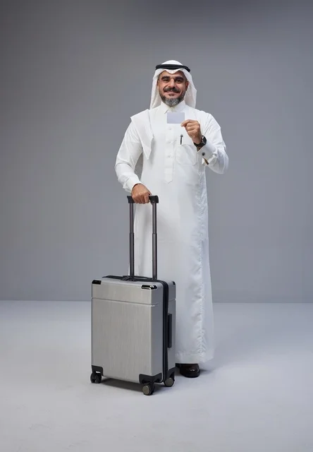 رجل سعودي مع حقيبة سفر وبطاقة ائتمان