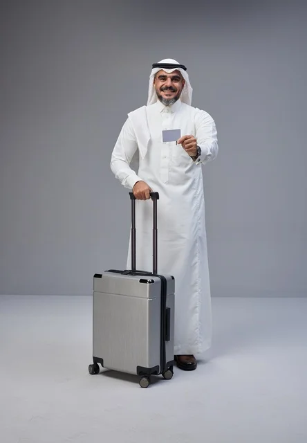 رجل سعودي مع حقيبة سفر وبطاقة بنكية في استوديو