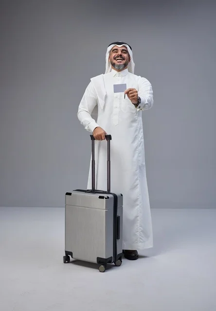 رجل سعودي بالزي التقليدي مع حقيبة سفر وبطاقة