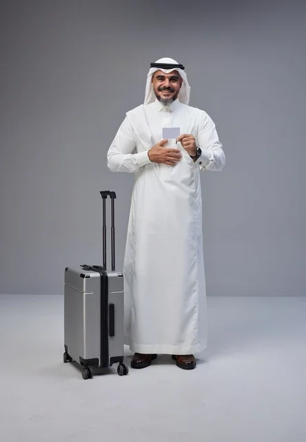 Saudi Man in Traditional Dress with Suitcase and Card
