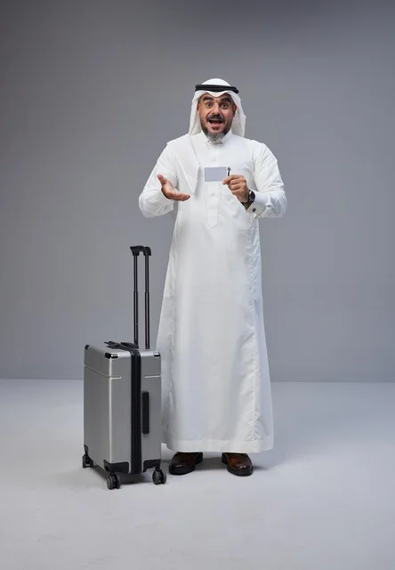 Saudi Man with Suitcase Holding Blank Card