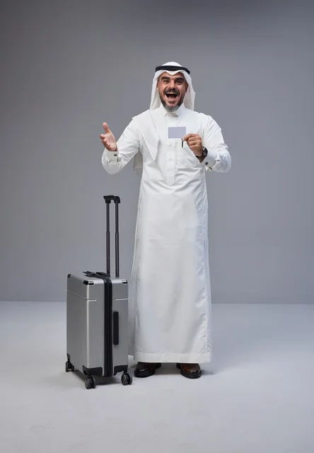رجل سعودي مع حقيبة سفر وبطاقة بنكية في الاستوديو