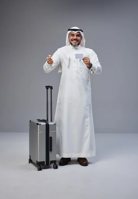 Saudi Man with Suitcase Holding Blank Card in Studio