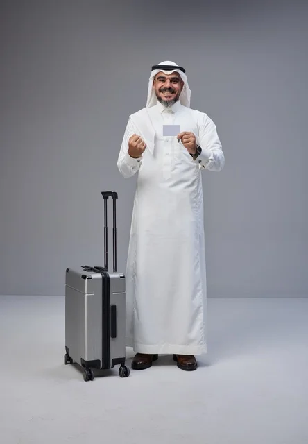 رجل سعودي مع حقيبة سفر يحمل بطاقة ائتمانية