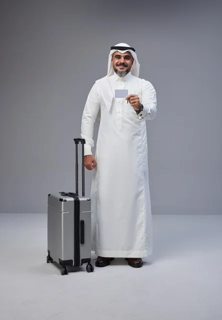 Saudi Man in Traditional Dress with Suitcase and Credit Card