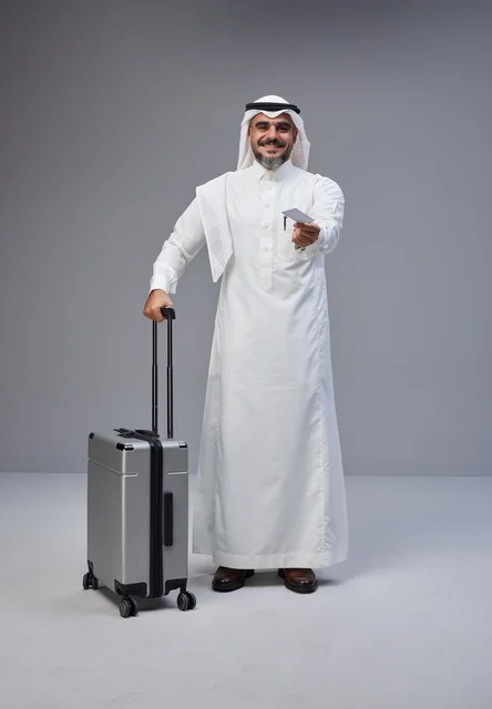 Saudi Man with Suitcase and Credit Card in Studio
