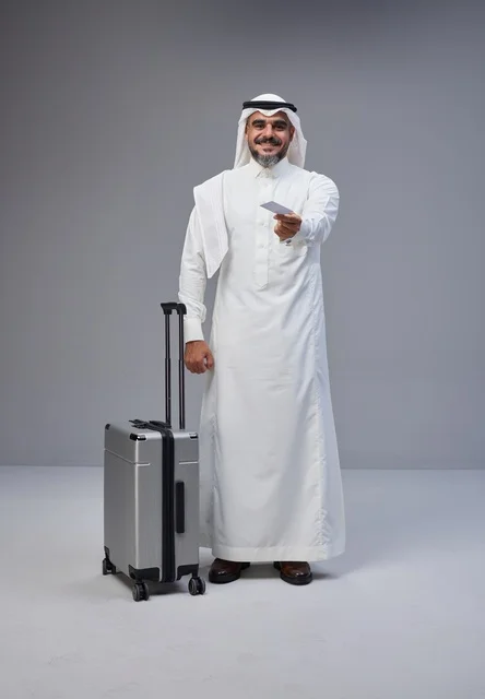 Saudi Man with Suitcase Holding Card in Studio