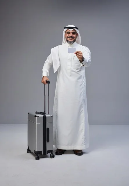 رجل سعودي مع حقيبة سفر وبطاقة بنكية في الاستوديو