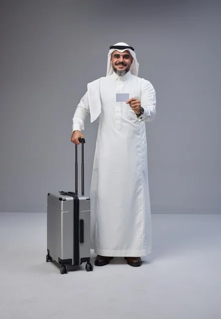 رجل سعودي بالزي التقليدي مع حقيبة سفر وبطاقة