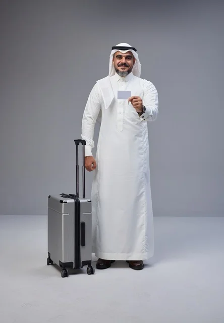 Saudi Man with Suitcase Holding Blank Card