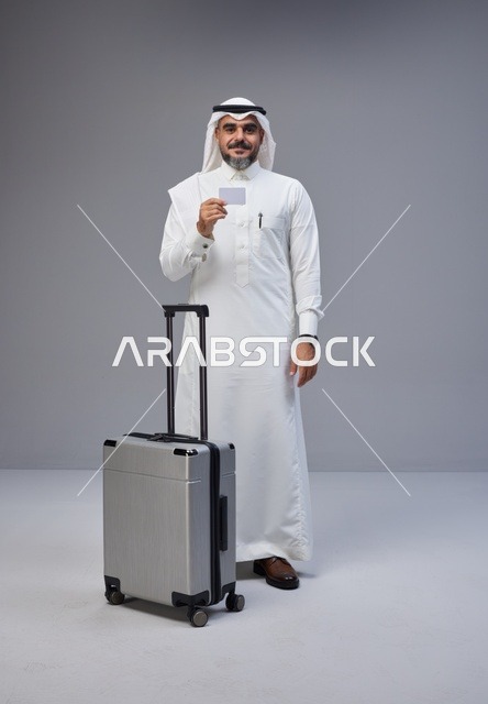 Saudi Man in Thobe with Suitcase and Blank Card