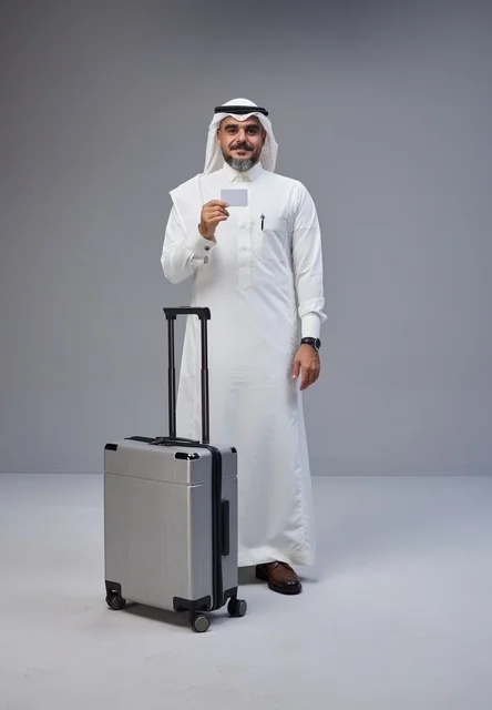 Saudi Man in Thobe with Suitcase and Blank Card
