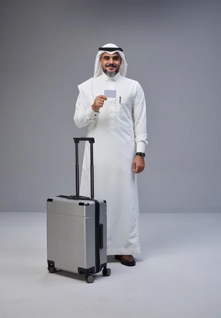 Saudi Man with Suitcase and Credit Card in Studio