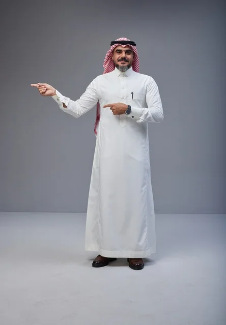 Saudi Man in Traditional Thobe Pointing Side Gesture